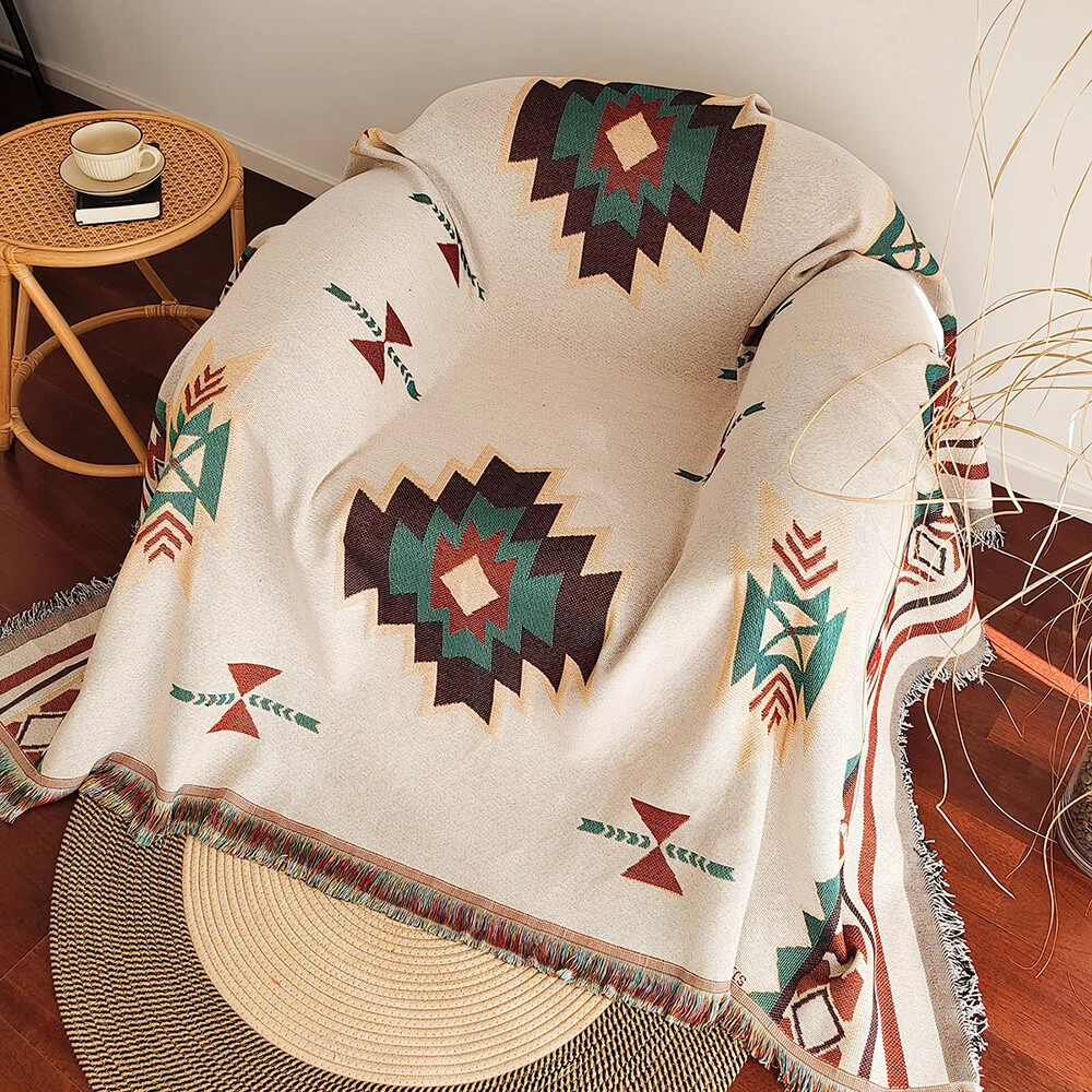 Boho Throw Blanket Fringe - بطانية بوهو أزتيك كبيرة الحجم مع